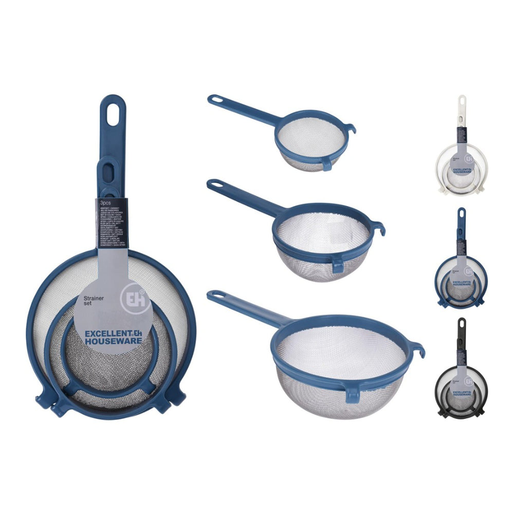Excellent Houseware Fine Mesh Strainer Set | 3 Pieces, Assorted Colours