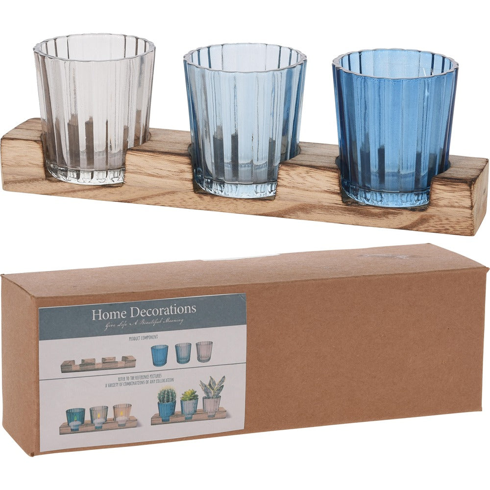 Ribbed Glass Tealight Holder Set | Pack of 3, Assorted Blue and Clear