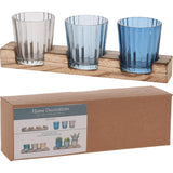 Ribbed Glass Tealight Holder Set | Pack of 3, Assorted Blue and Clear