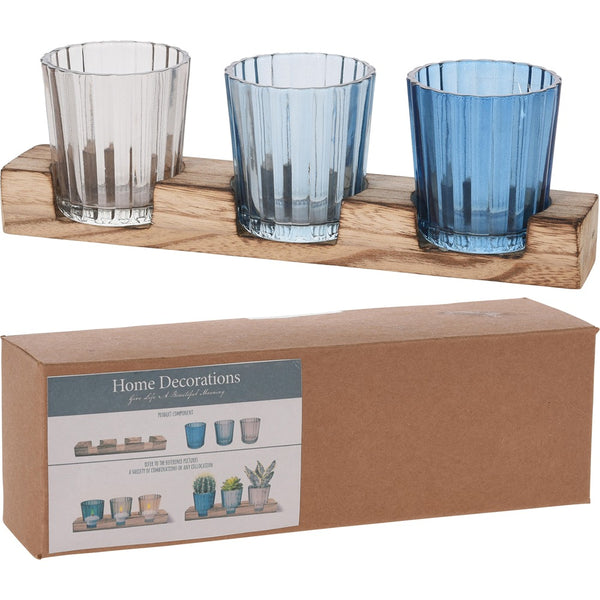 Ribbed Glass Tealight Holder Set | Pack of 3, Assorted Blue and Clear