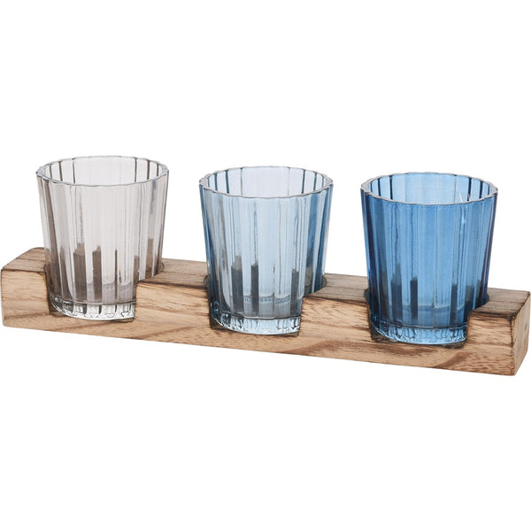 Ribbed Glass Tealight Holder Set | Pack of 3, Assorted Blue and Clear