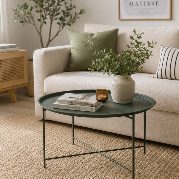 Dark Green Round Metal Tray Side Table | 75 x 42cm, Raised Rim