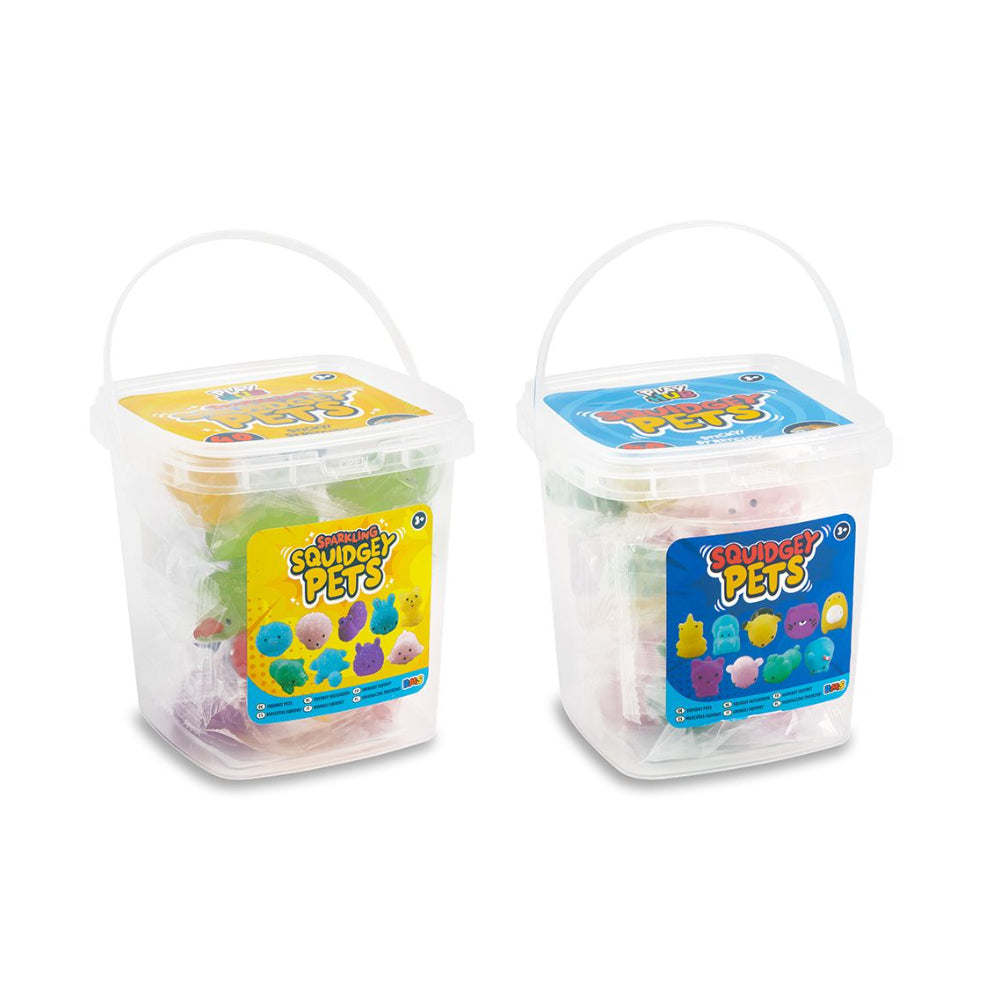 Tub of 18 Squishy Pet Character Toys - Assorted Glitter, Bright and Pastel Colours