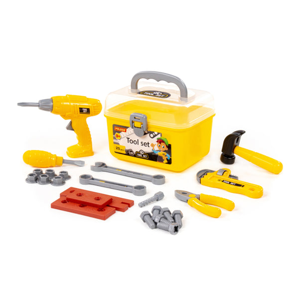 Children's Pretend Play Tool Set - 25 Pieces, Portable Yellow Toolbox