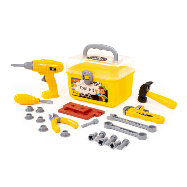 Children's Pretend Play Tool Set - 25 Pieces, Portable Yellow Toolbox