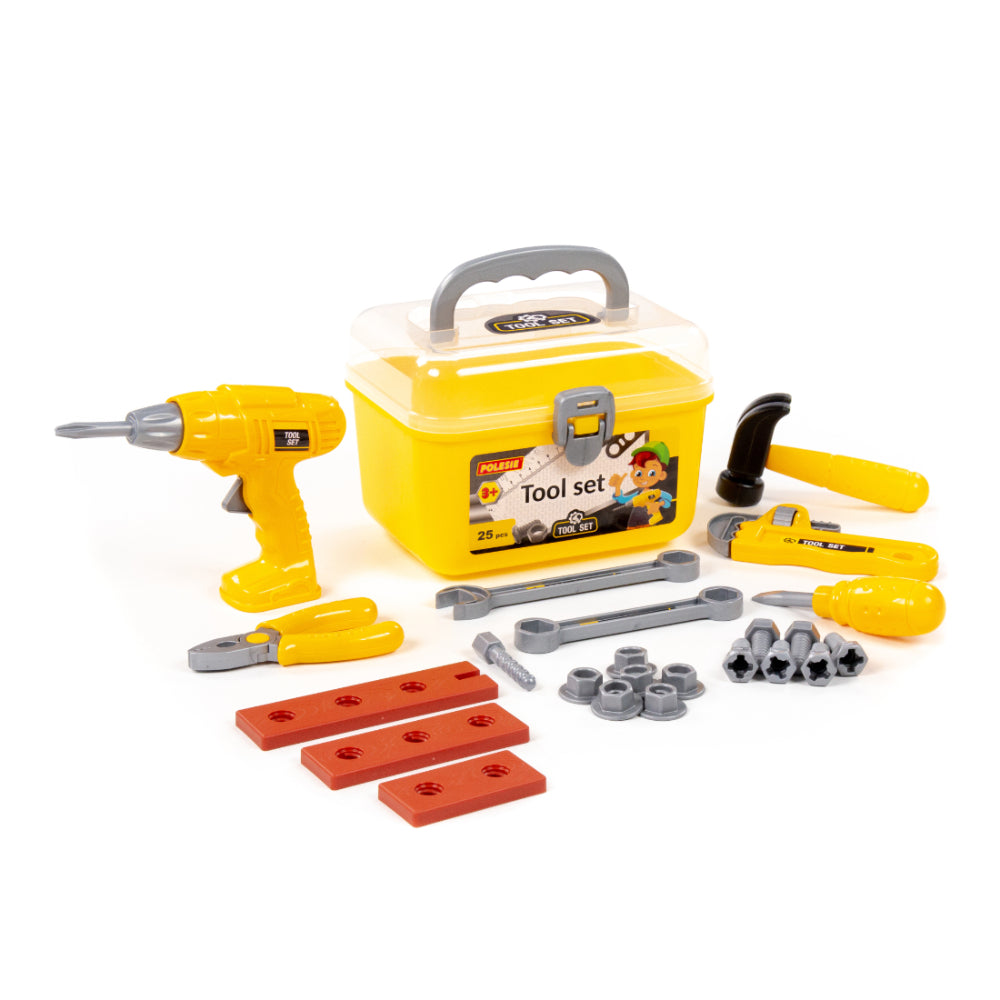 Children's Pretend Play Tool Set - 25 Pieces, Portable Yellow Toolbox