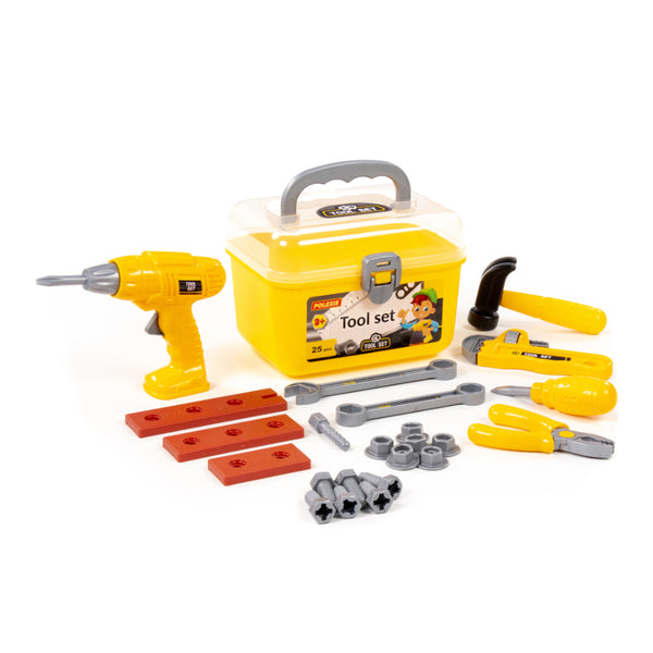 Children's Pretend Play Tool Set - 25 Pieces, Portable Yellow Toolbox
