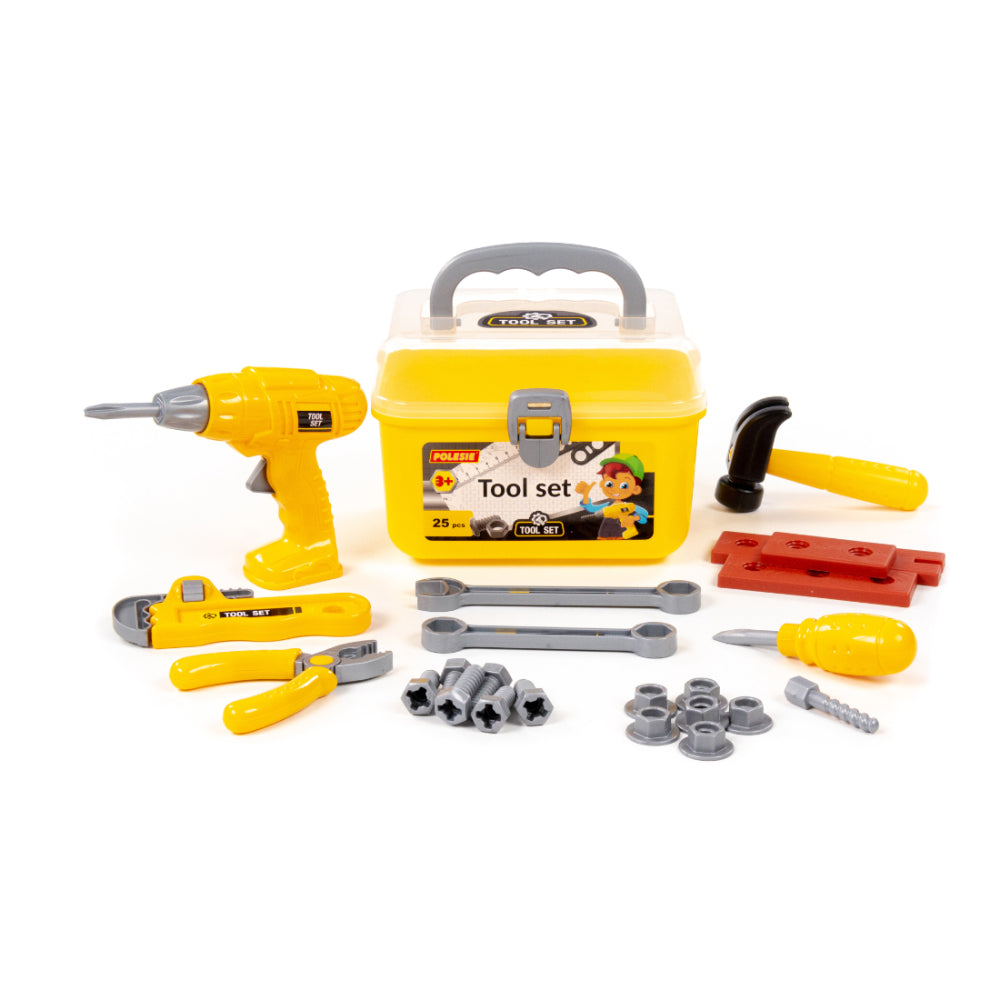 Children's Pretend Play Tool Set - 25 Pieces, Portable Yellow Toolbox