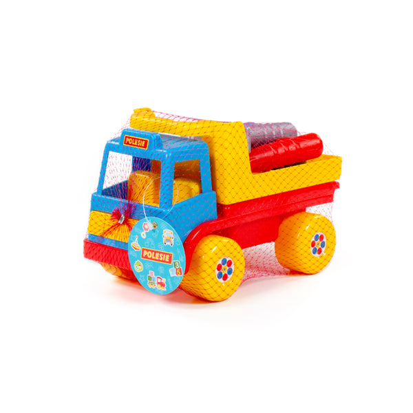 Construction Tipper Truck Toy - Tilting Dump Bed, Red, Yellow and Blue