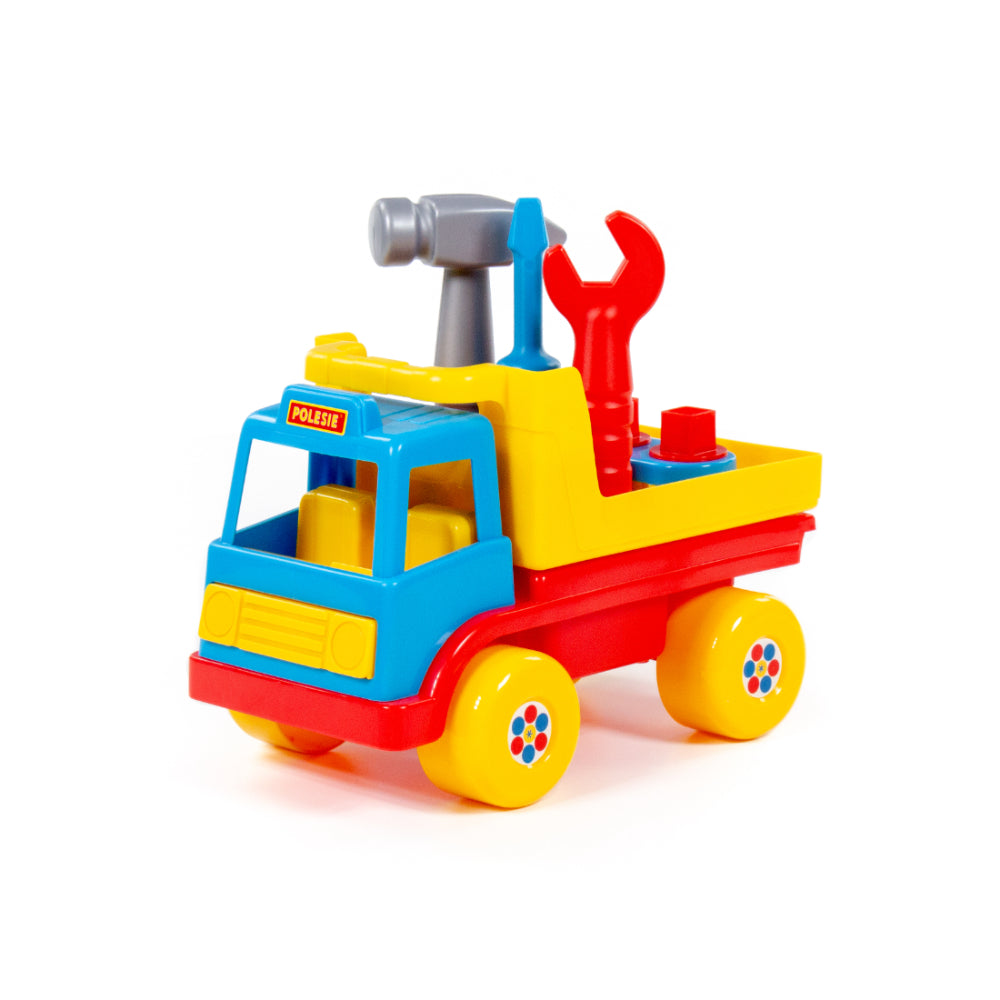 Construction Tipper Truck Toy - Tilting Dump Bed, Red, Yellow and Blue