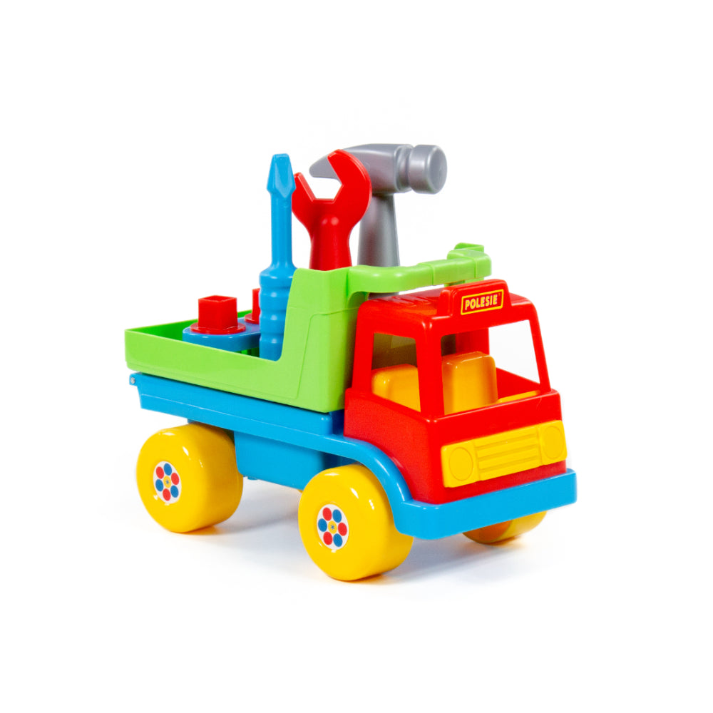 Construction Tipper Truck Toy - Tilting Dump Bed, Red, Yellow and Blue