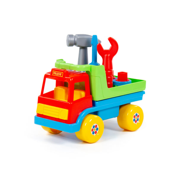 Construction Tipper Truck Toy - Tilting Dump Bed, Red, Yellow and Blue