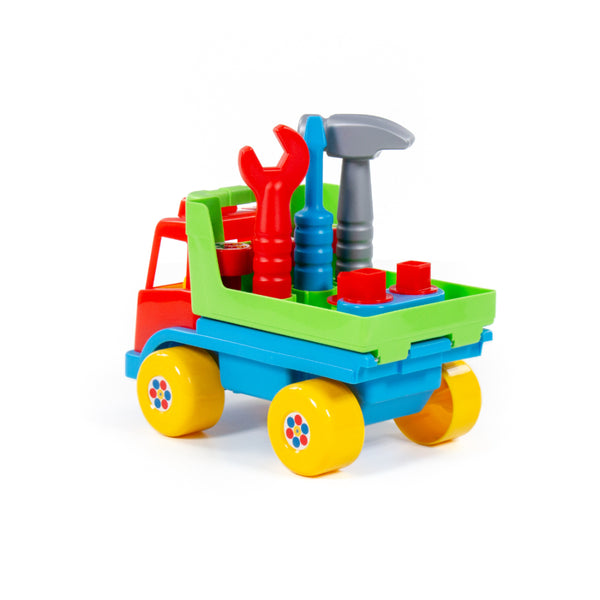 Construction Tipper Truck Toy - Tilting Dump Bed, Red, Yellow and Blue
