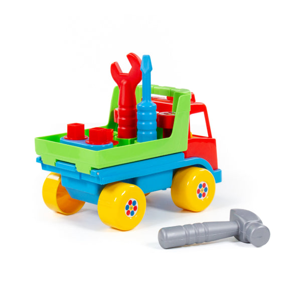 Construction Tipper Truck Toy - Tilting Dump Bed, Red, Yellow and Blue