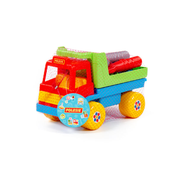 Construction Tipper Truck Toy - Tilting Dump Bed, Red, Yellow and Blue