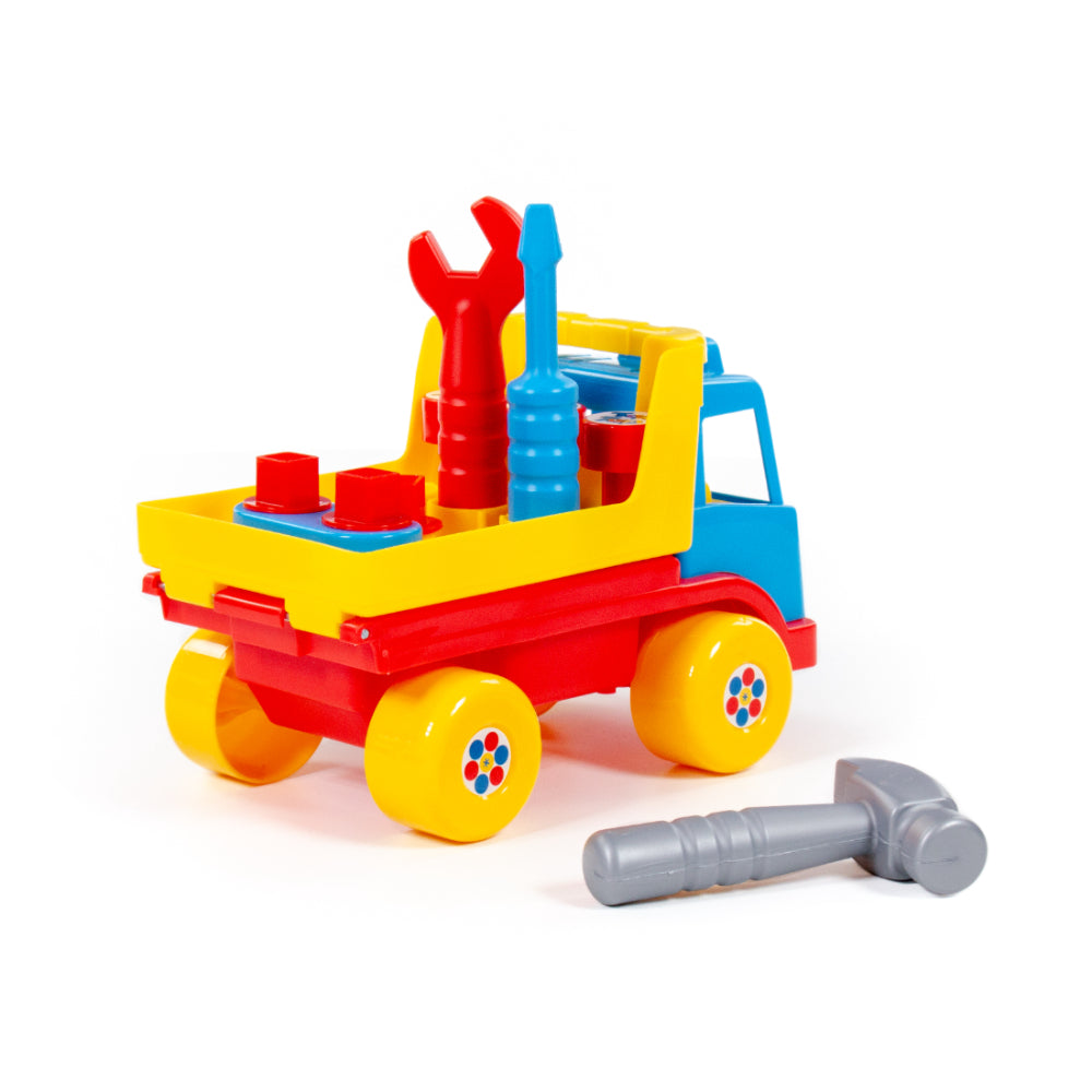 Construction Tipper Truck Toy - Tilting Dump Bed, Red, Yellow and Blue