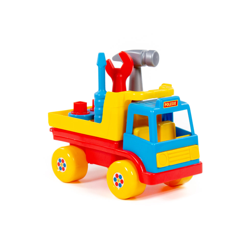 Construction Tipper Truck Toy - Tilting Dump Bed, Red, Yellow and Blue