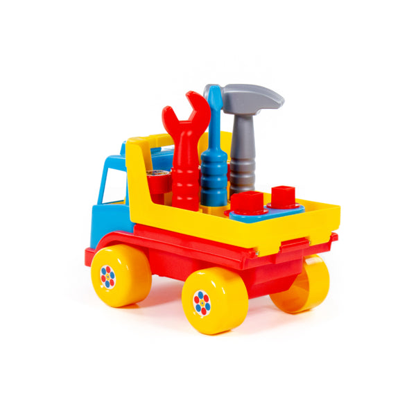 Construction Tipper Truck Toy - Tilting Dump Bed, Red, Yellow and Blue