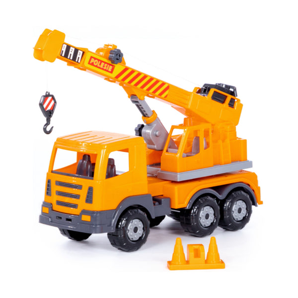 Orange Heavy-Duty Crane Truck Toy - Rotating Boom, Hook and Barrier