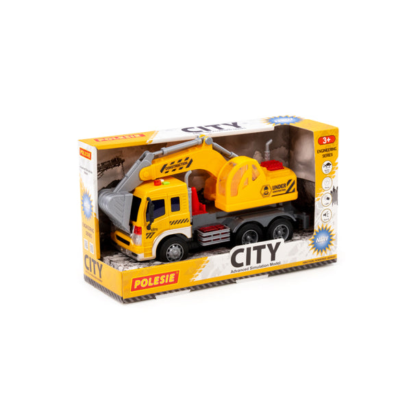 City Excavator Truck Toy - Friction-Powered, Movable Arm, Ages 3+