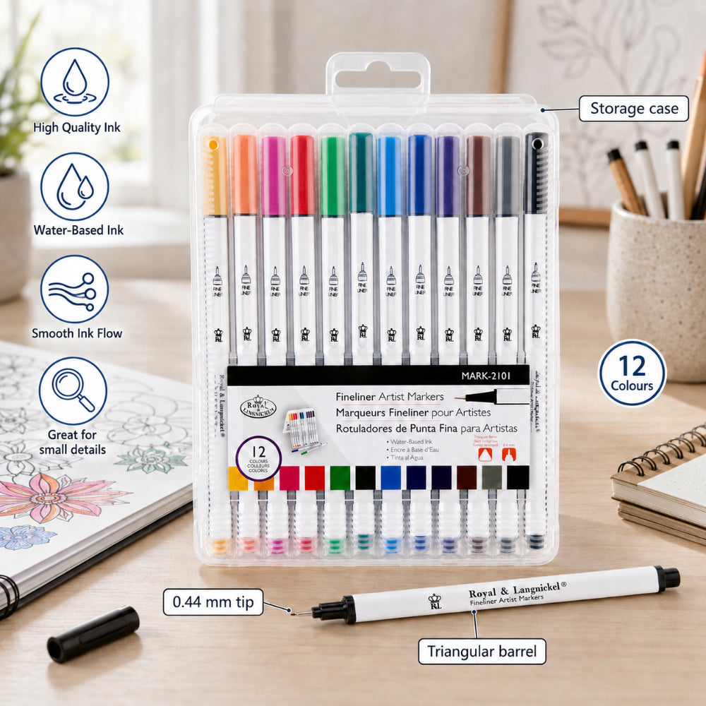 Royal Langnickel Fineliner Artist Markers - Pack of 12, Assorted Colours