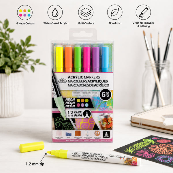 Royal Langnickel Acrylic Paint Markers - Pack of 6, Assorted Neon Colours