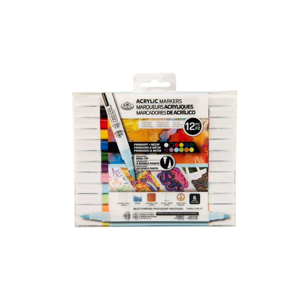 Royal Langnickel Dual Tip Acrylic Markers - 12 Assorted Primary and Neon Colours
