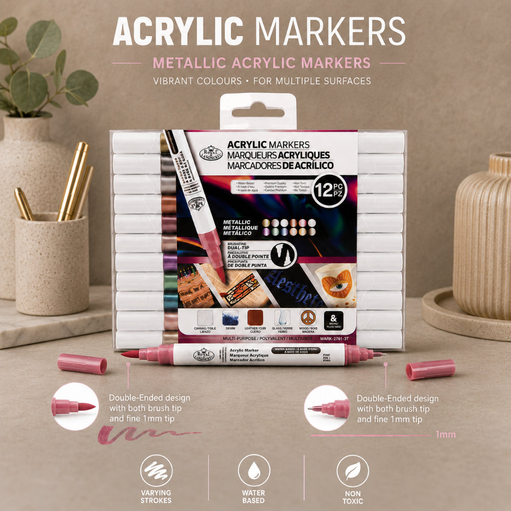 Royal Langnickel Metallic Dual Tip Acrylic Markers - 12 Pieces, Assorted Colours