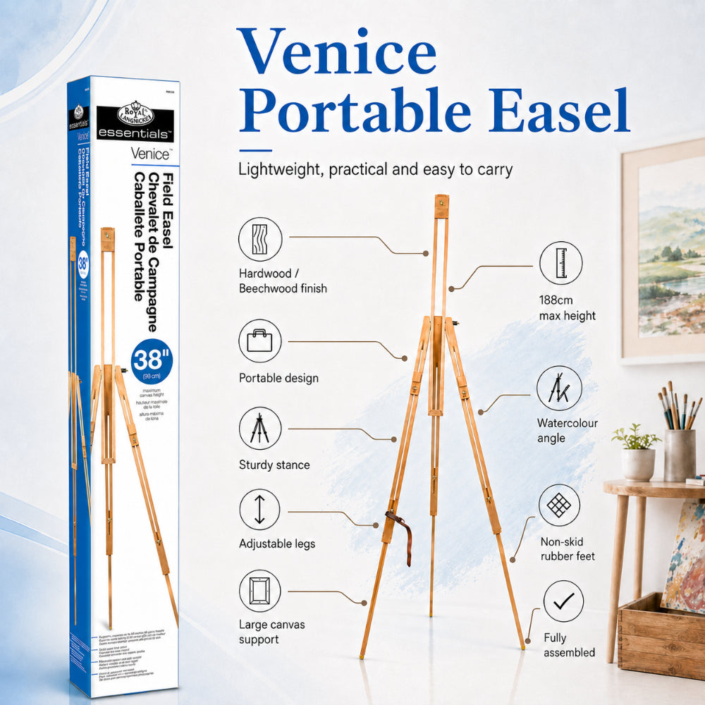 Royal Langnickel Venice Wooden Field Easel - Foldable Tripod, Up to 96cm Canvases