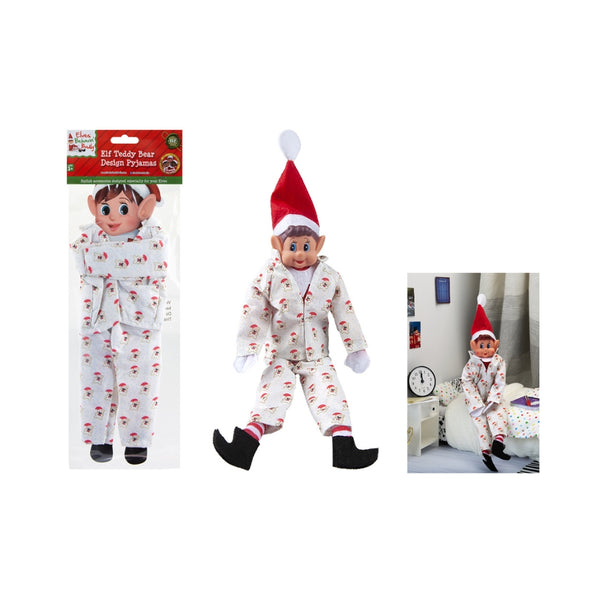 Christmas Elf Doll Bear Print Pyjama Outfit - White, Ages 3 Years and Over