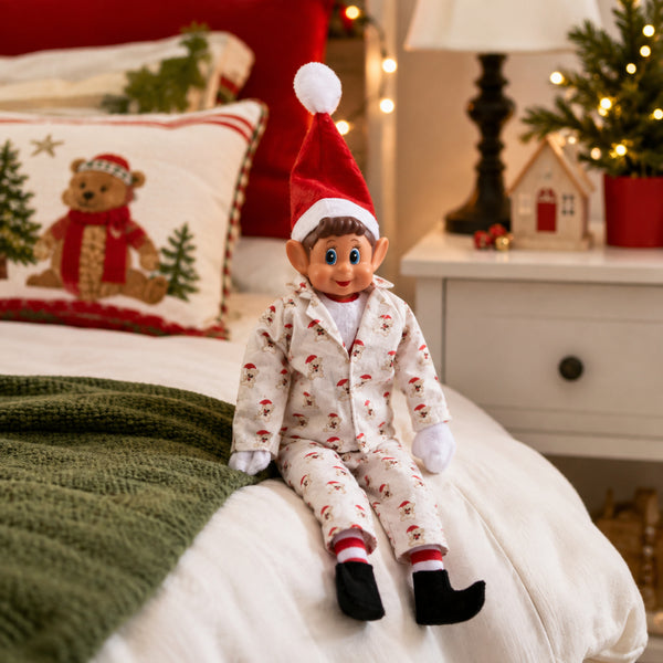 Christmas Elf Doll Bear Print Pyjama Outfit - White, Ages 3 Years and Over
