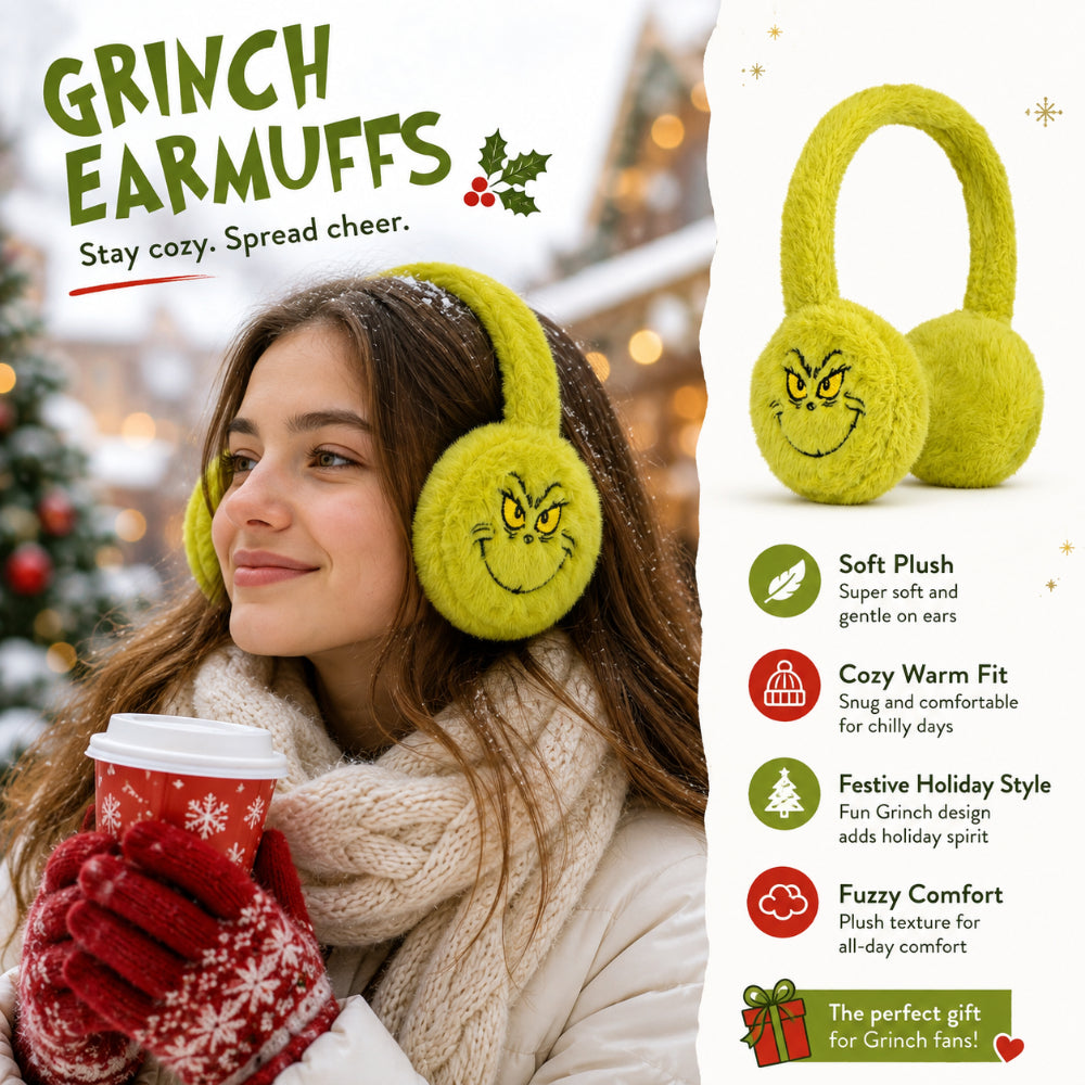 The Grinch Fluffy Children's Earmuffs - Green, Embroidered Face