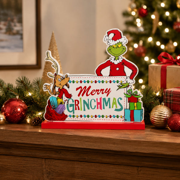 Merry Grinchmas MDF Freestanding Tabletop Sign - Grinch and Max