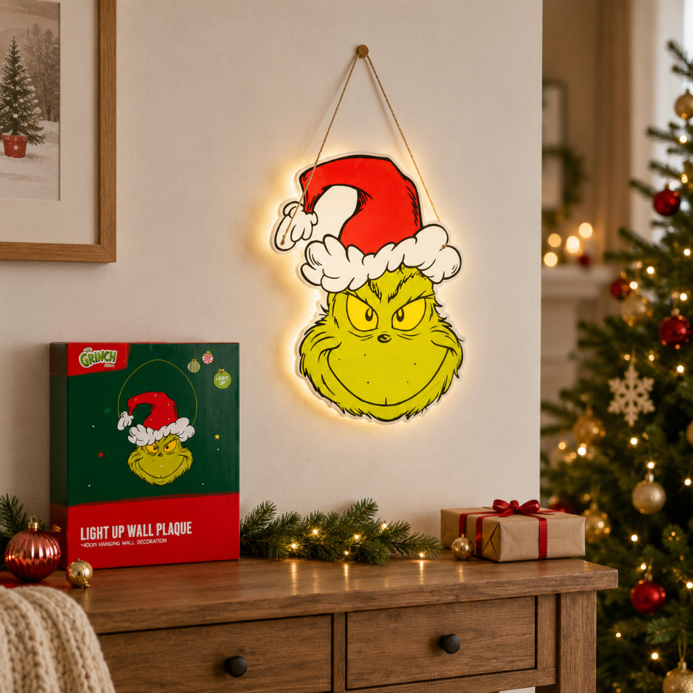 The Grinch Light-Up Christmas Wall Sign - 40cm, Hanging Cord