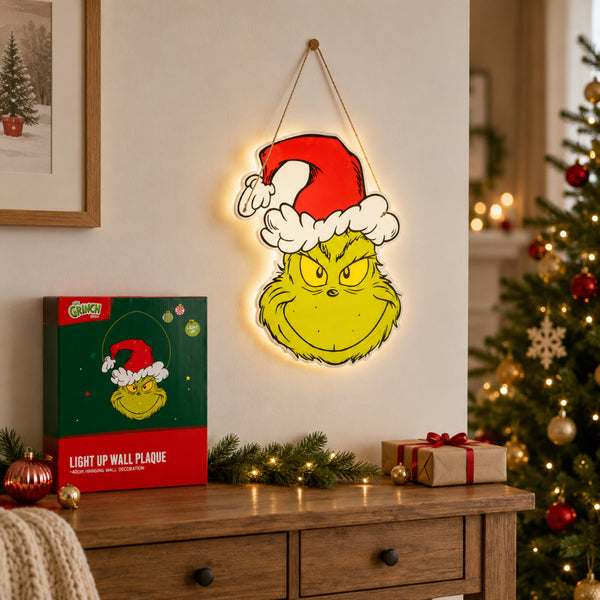 The Grinch Light-Up Christmas Wall Sign - 40cm, Hanging Cord