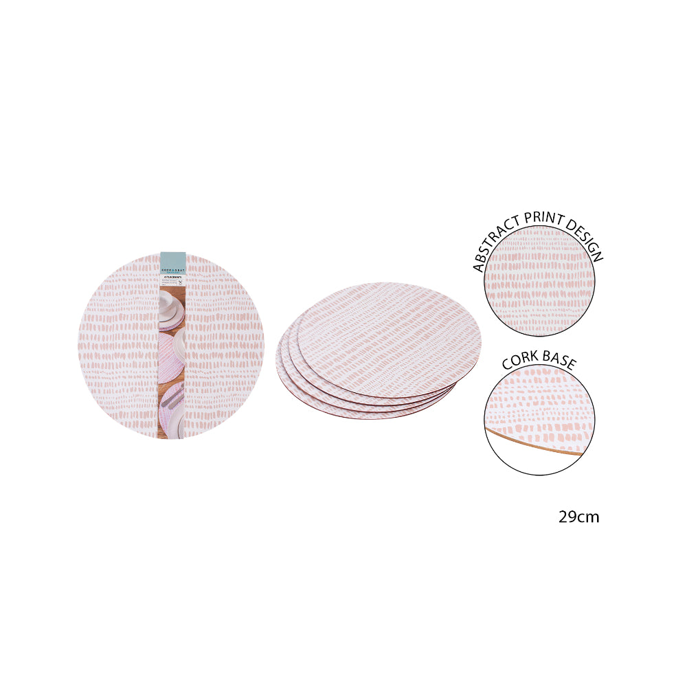 Pink and Coral Round Cork Placemats - Abstract Print, Pack of 4, 29cm