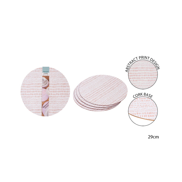 Pink and Coral Round Cork Placemats - Abstract Print, Pack of 4, 29cm