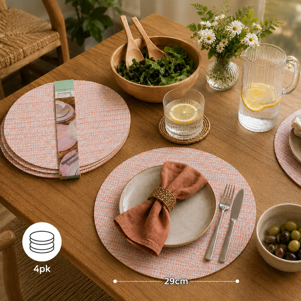 Pink and Coral Round Cork Placemats - Abstract Print, Pack of 4, 29cm