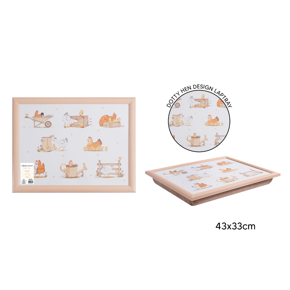 Dotty Hen Cushioned Lap Tray - 43 x 33cm, Peach Farmyard Design