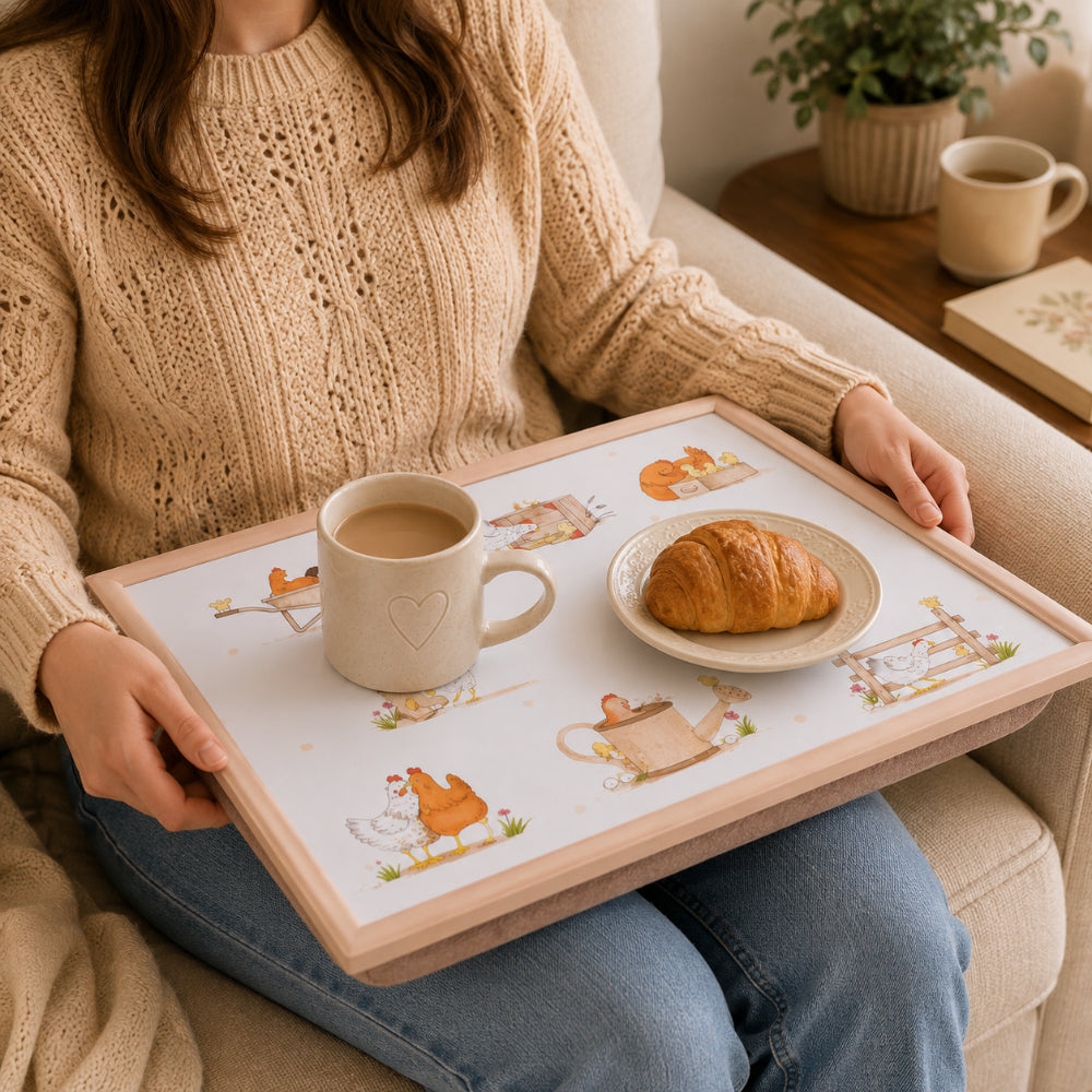 Dotty Hen Cushioned Lap Tray - 43 x 33cm, Peach Farmyard Design