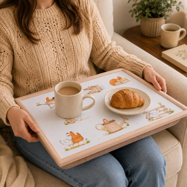 Dotty Hen Cushioned Lap Tray - 43 x 33cm, Peach Farmyard Design