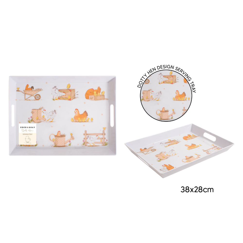 Dotty Hen Farmyard Melamine Serving Tray - 38 x 28cm, Cut-Out Handles