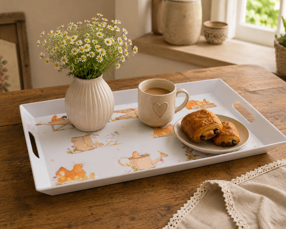 Dotty Hen Farmyard Melamine Serving Tray - 38 x 28cm, Cut-Out Handles