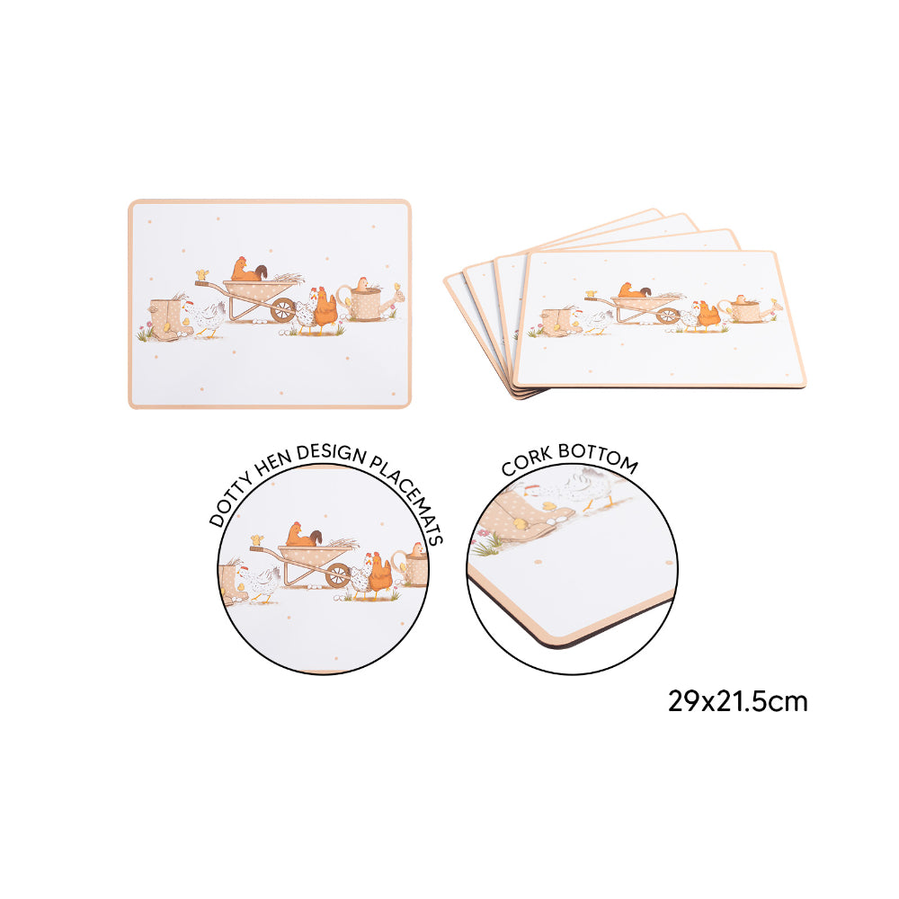 Dotty Hen Cork Placemats Pack of 4 - 29 x 21.5cm, Farmyard Design