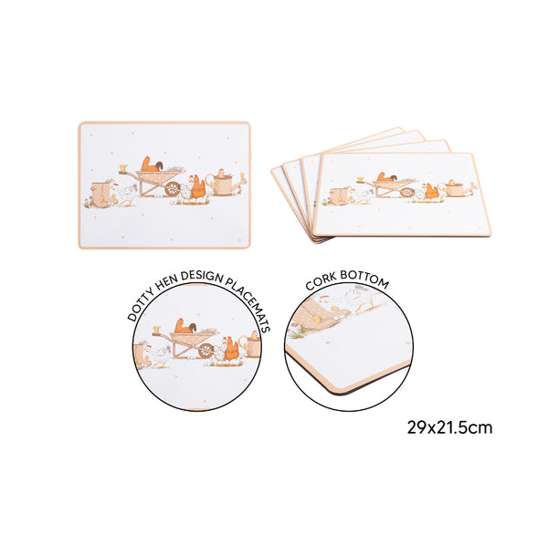 Dotty Hen Cork Placemats Pack of 4 - 29 x 21.5cm, Farmyard Design
