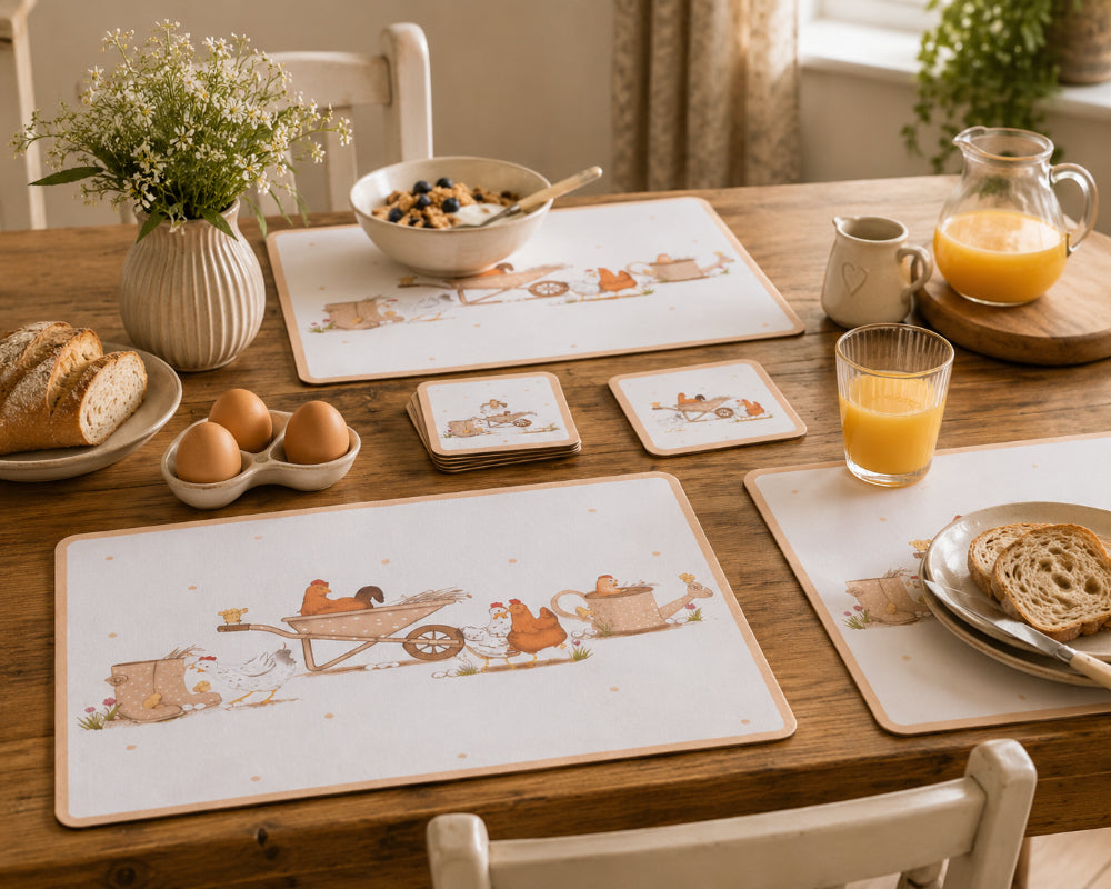Dotty Hen Cork Placemats Pack of 4 - 29 x 21.5cm, Farmyard Design