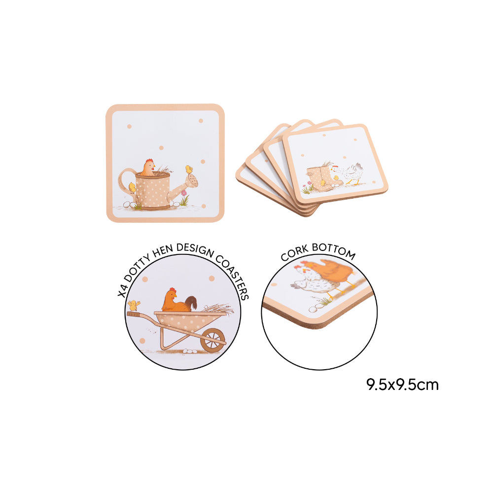 Dotty Hen Cork Backed Coasters - Pack of 4, 9.5 x 9.5cm