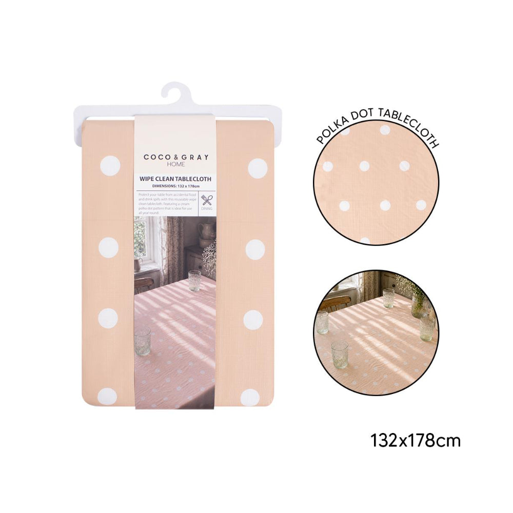 Peach Pink Polka Dot Wipe-Clean Tablecloth - 132 x 178cm, Reusable
