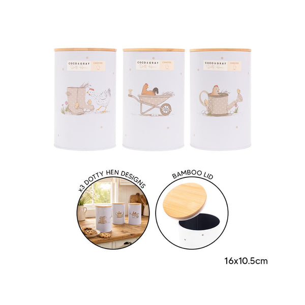 Dotty Hen Bamboo Lid Kitchen Storage Canister - 16 x 10.5cm, Assorted Designs