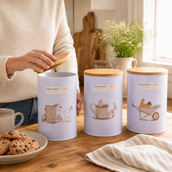 Dotty Hen Bamboo Lid Kitchen Storage Canister - 16 x 10.5cm, Assorted Designs